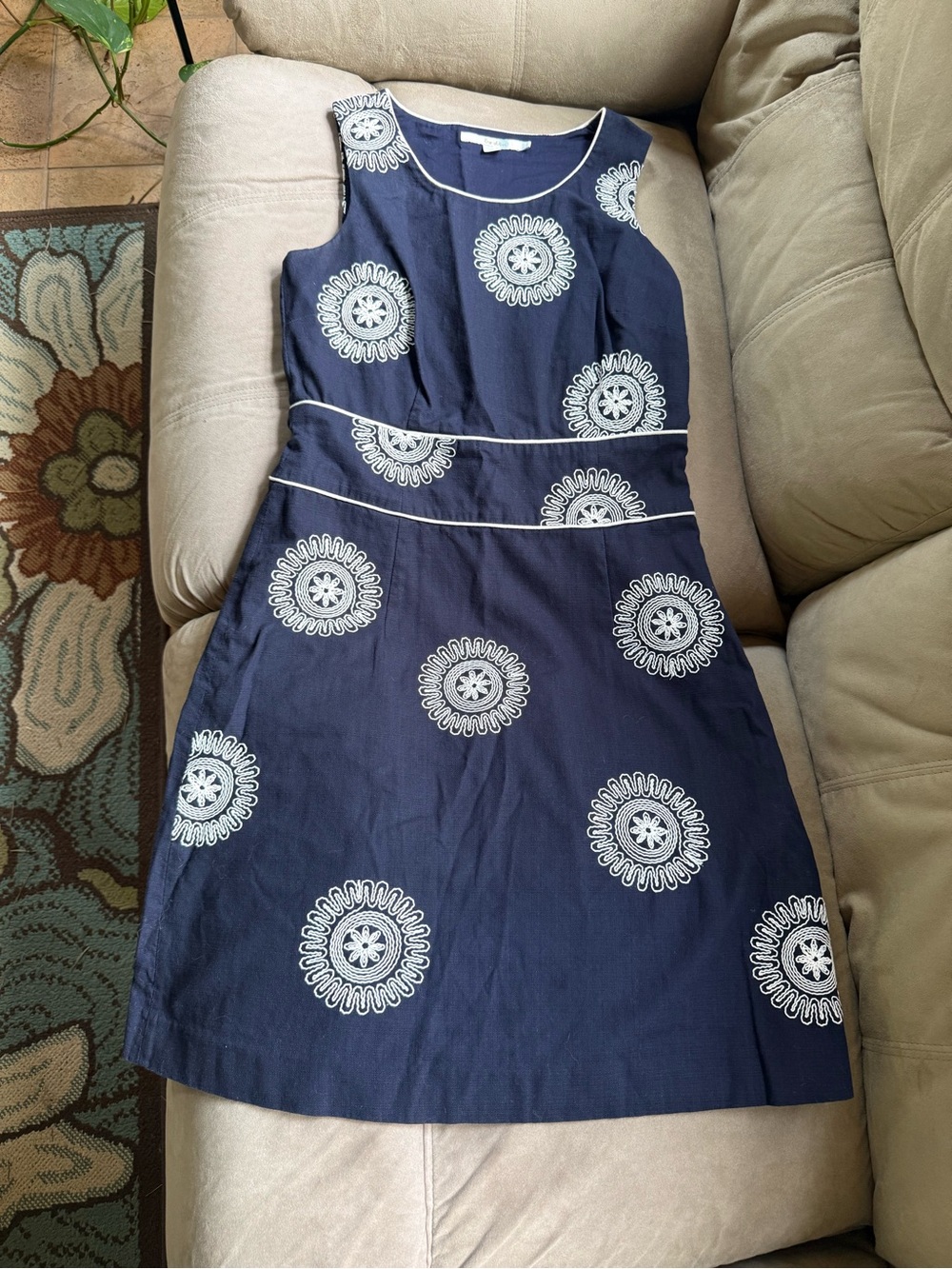 Boden Navy Mini Dress with White Medallion Embroidery
